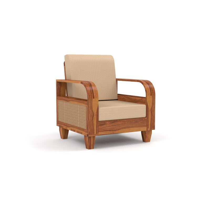 Curve Cane 1 Seater Solid Wood Sofa (Honey Finish)
