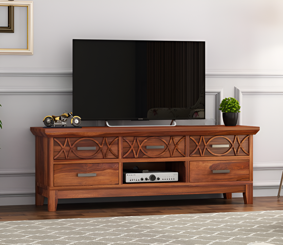 Truphoael Sheesham Wood Tv Unit with Five Pull Out Drawers (Honey Finish)
