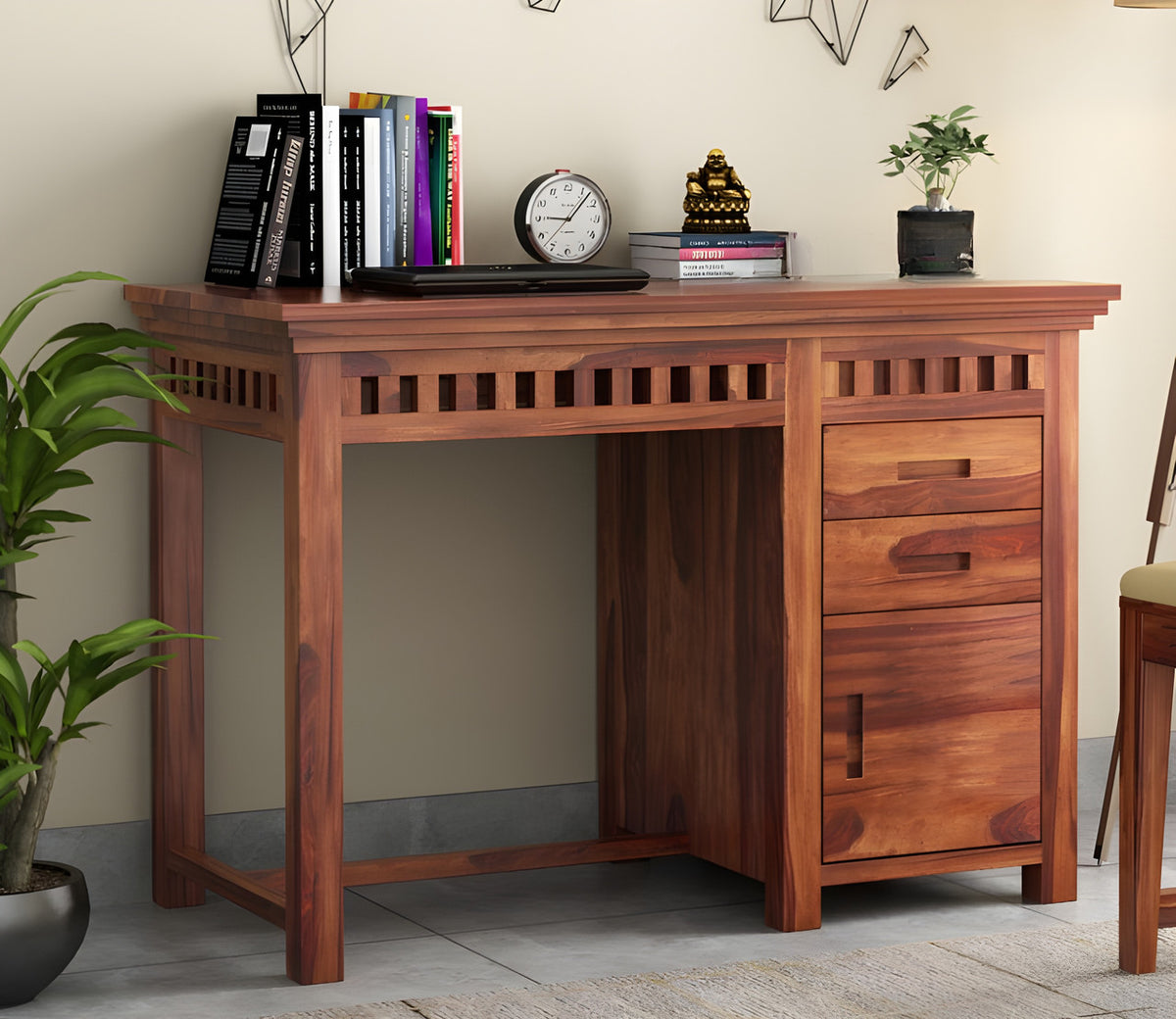 Xerior Sheesham Wood Study Table with Pull Out Drawers and Cabinet (Honey Finish)