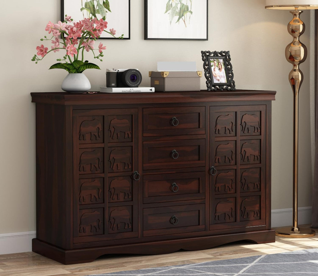 Koveoorn Sheesham Wood Cabinet and Sideboard (Walnut Finish)