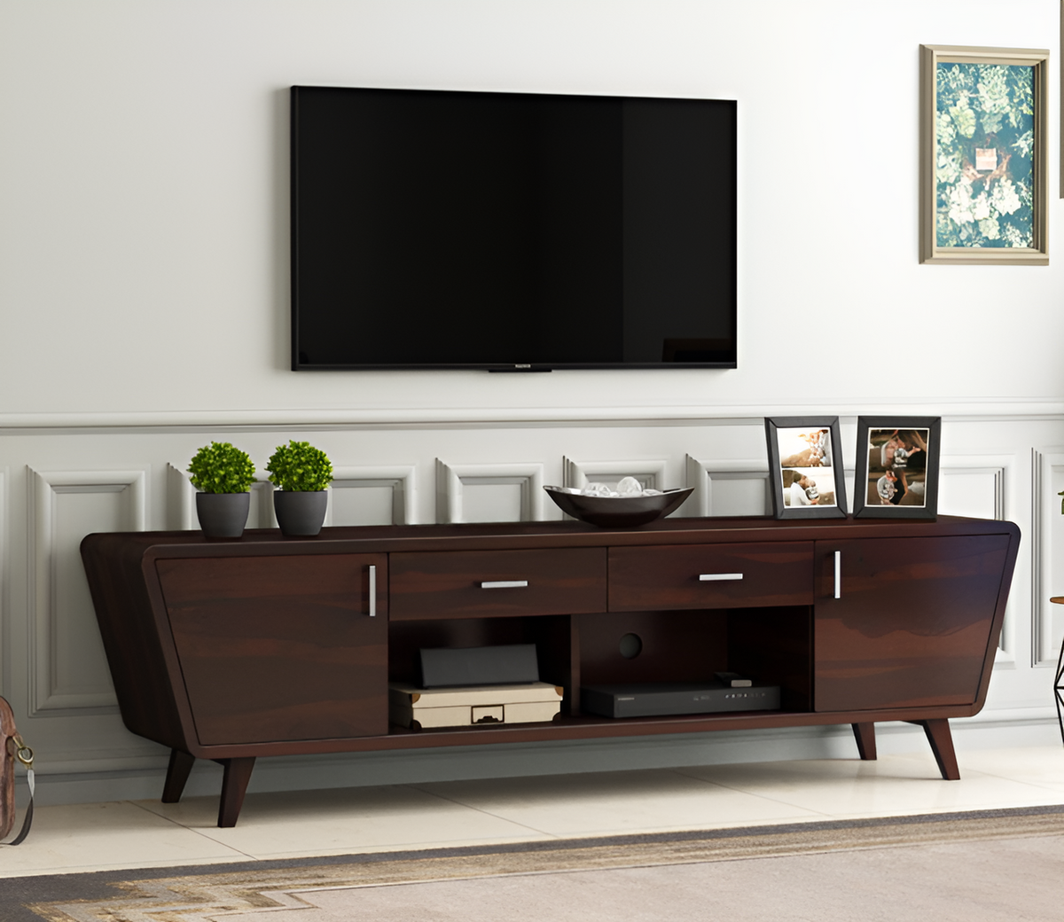 Fivrouor Sheesham Wood Tv Unit with Cupboards Drawers and Shelve Storage (Walnut Finish)