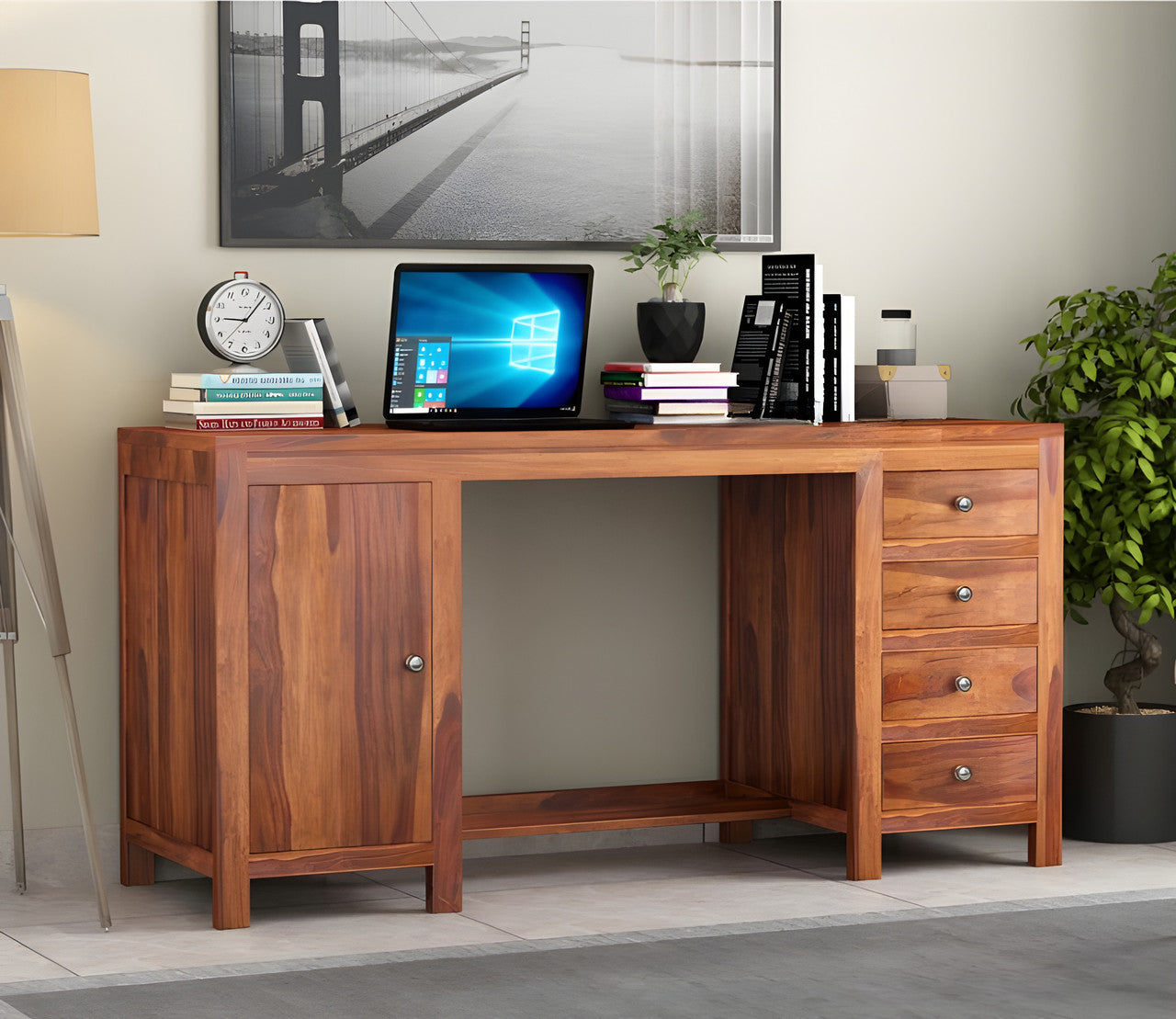 Zeodoix Sheesham Wood Study Table with Four Drawers & Cabinet (Honey Finish)