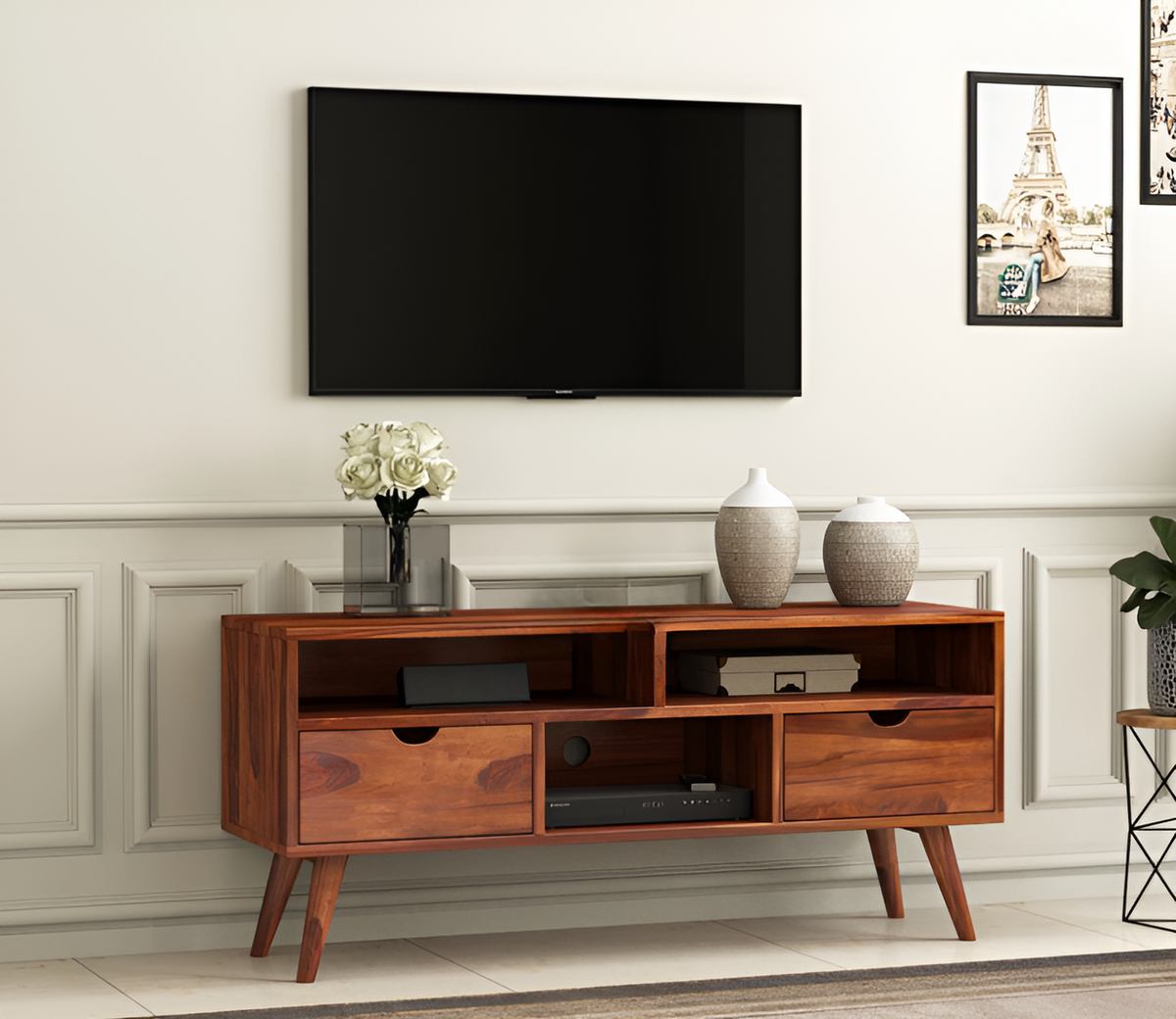 Mioxuium Sheesham Wood Tv Unit with Two Pull Out Drawers and Shelves (Honey Finish)