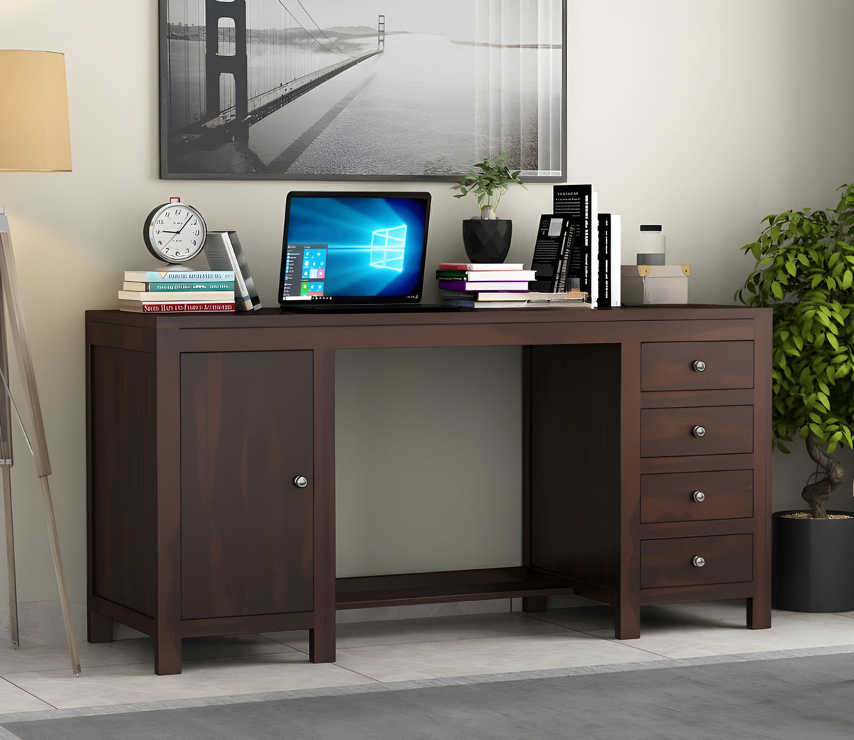 Zeodoix Sheesham Wood Study Table with Four Drawers & Cabinet (Walnut Finish)