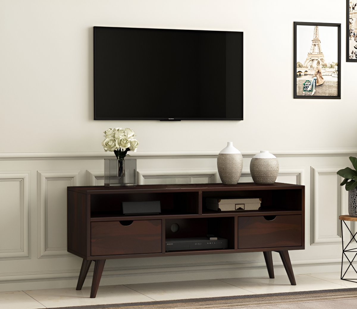 Mioxuium Sheesham Wood Tv Unit with Two Pull Out Drawers and Shelves (Walnut Finish)