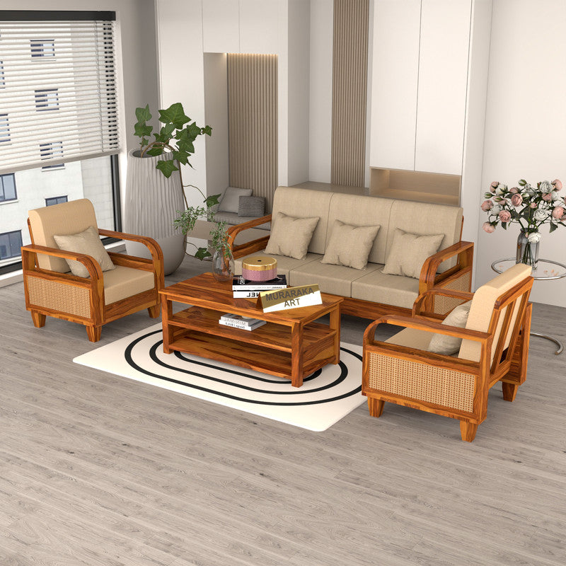 Curve Cane 5 Seater Solid Wood Sofa (Honey Finish)