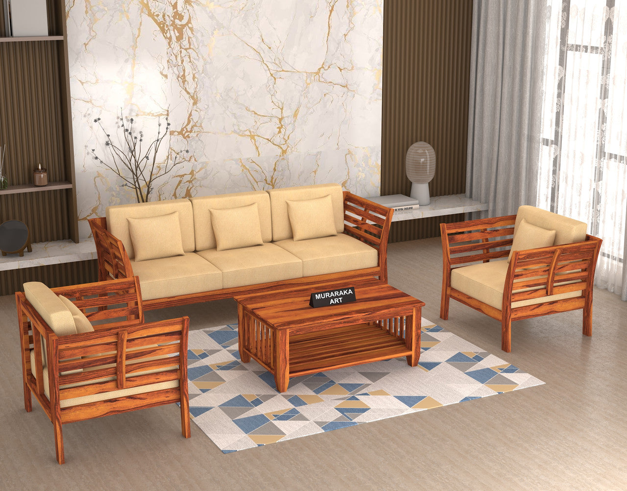 Slant 5 Seater Solid Wood Sofa (Honey Finish)