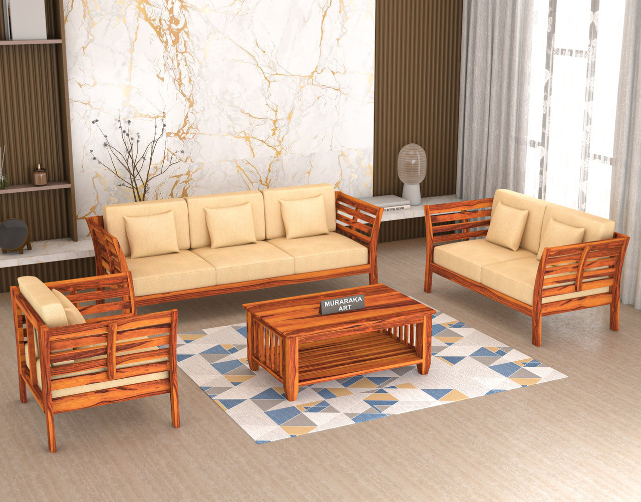 Slant 6 Seater Solid Wood Sofa (Honey Finish)