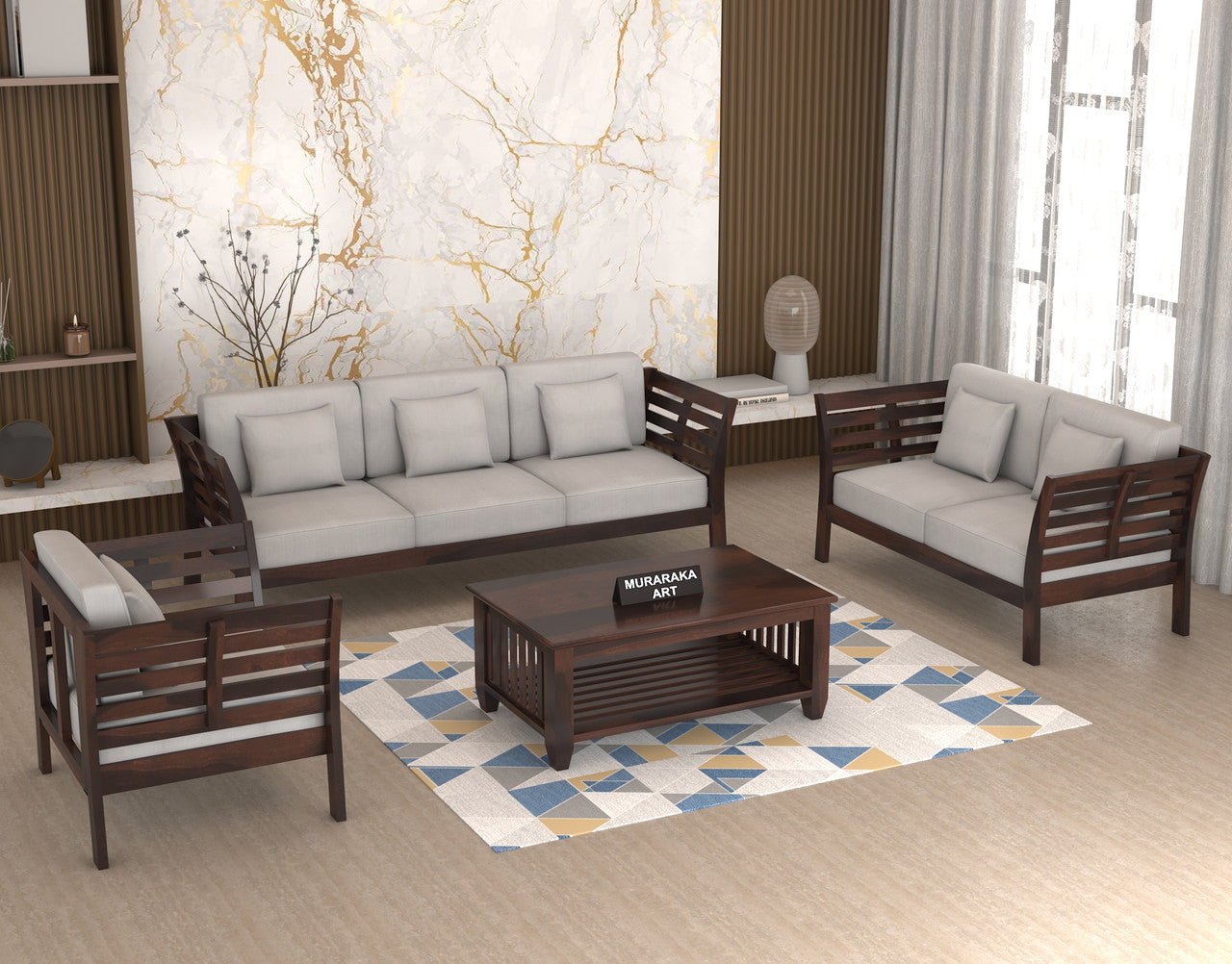Slant 6 Seater Solid Wood Sofa (Walnut Finish)