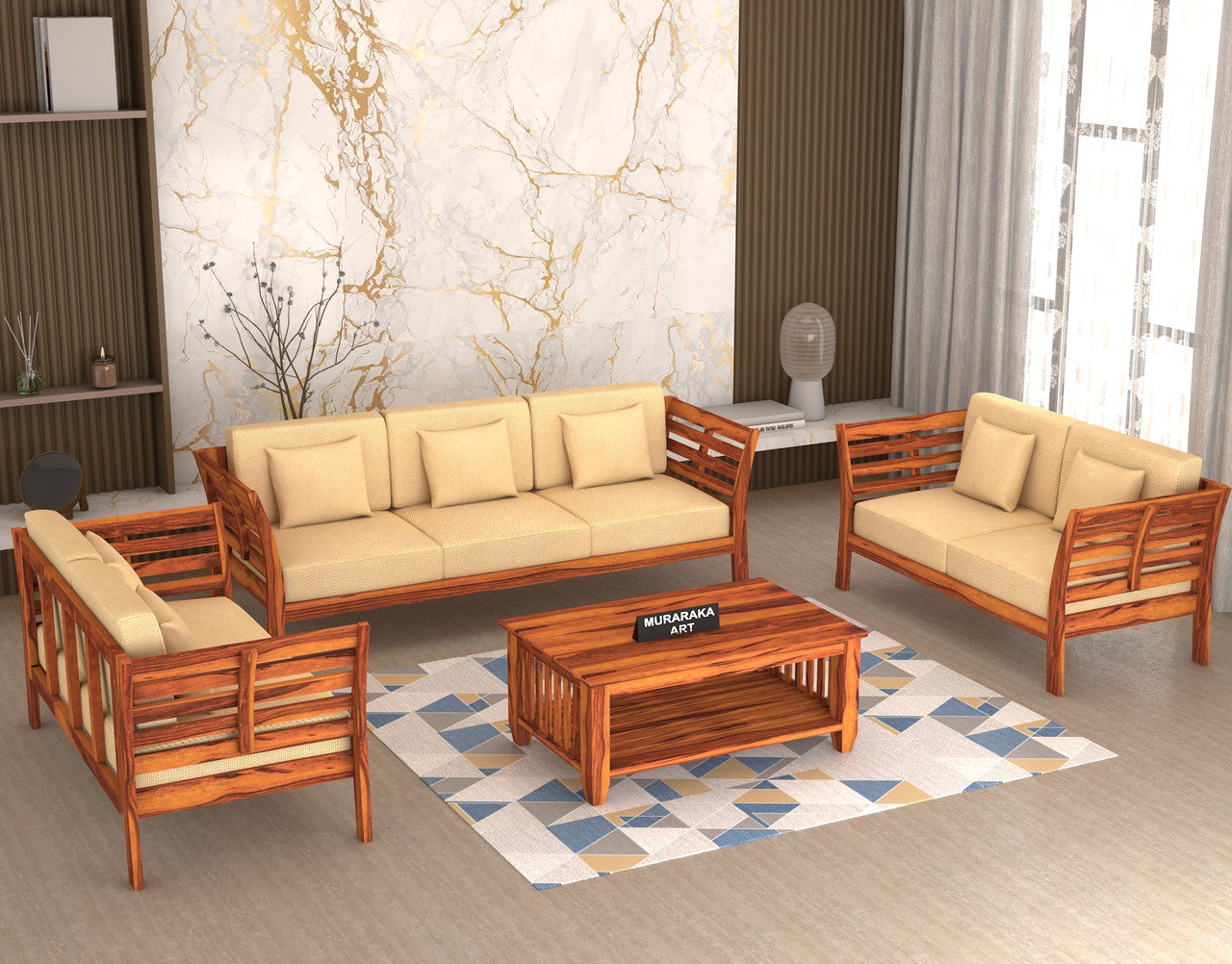 Slant 7 Seater Solid Wood Sofa (Honey Finish)