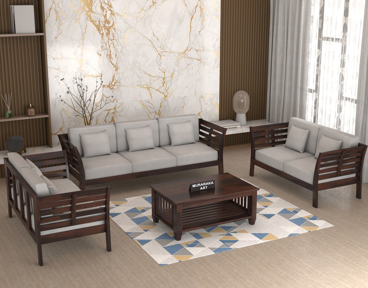 Slant 7 Seater Solid Wood Sofa (Walnut Finish)