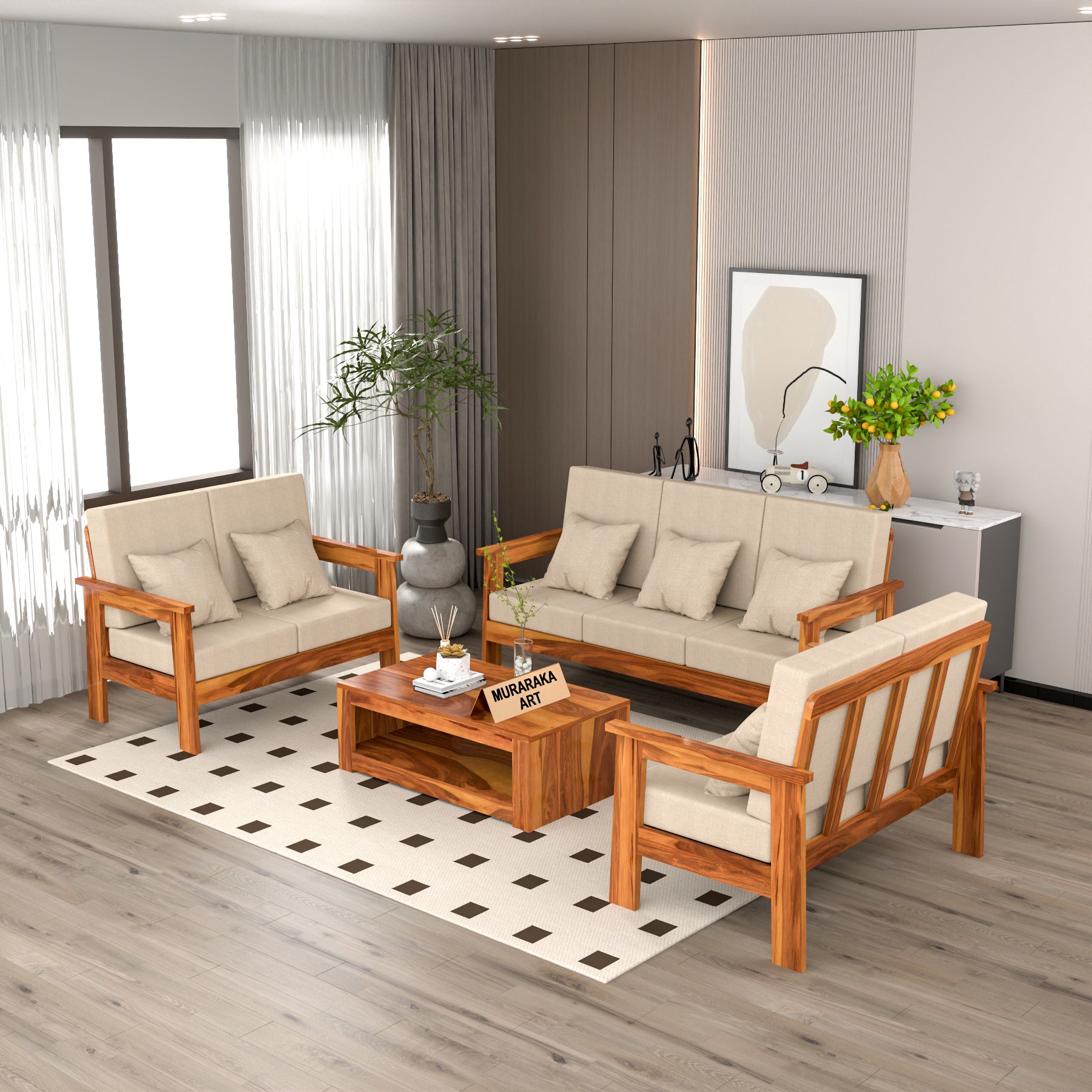 Slinny 7 Seater Solid Wood Sofa (Honey Finish)