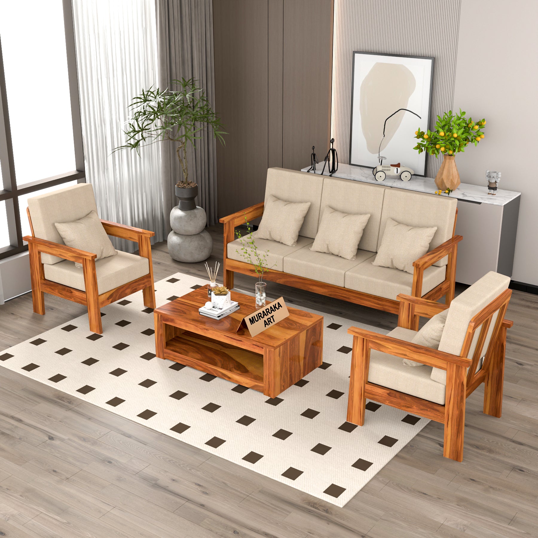 Slinny 5 Seater Solid Wood Sofa (Honey Finish)