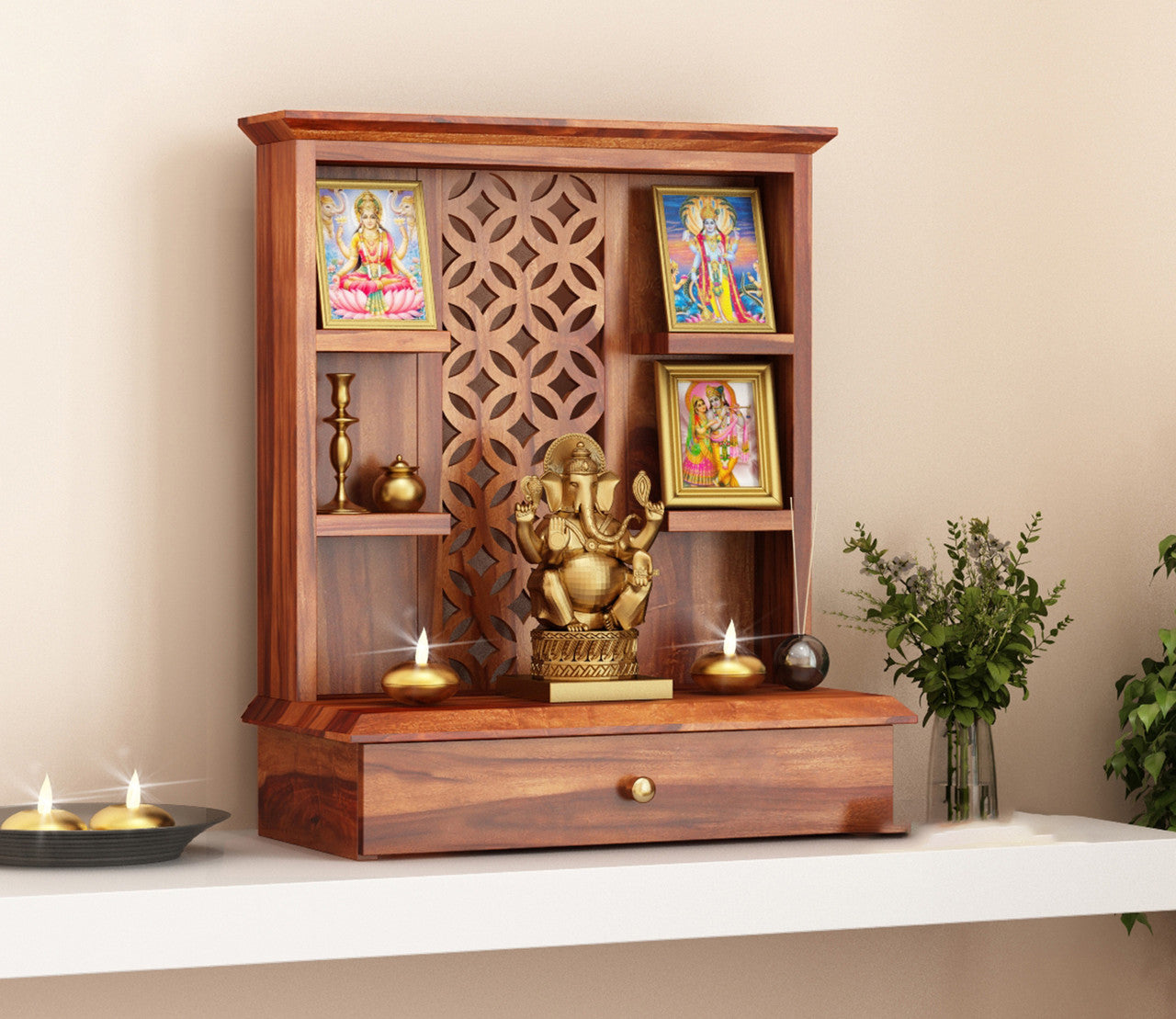 Zentrova Sheesham Wood Home Temple (Honey Finish)