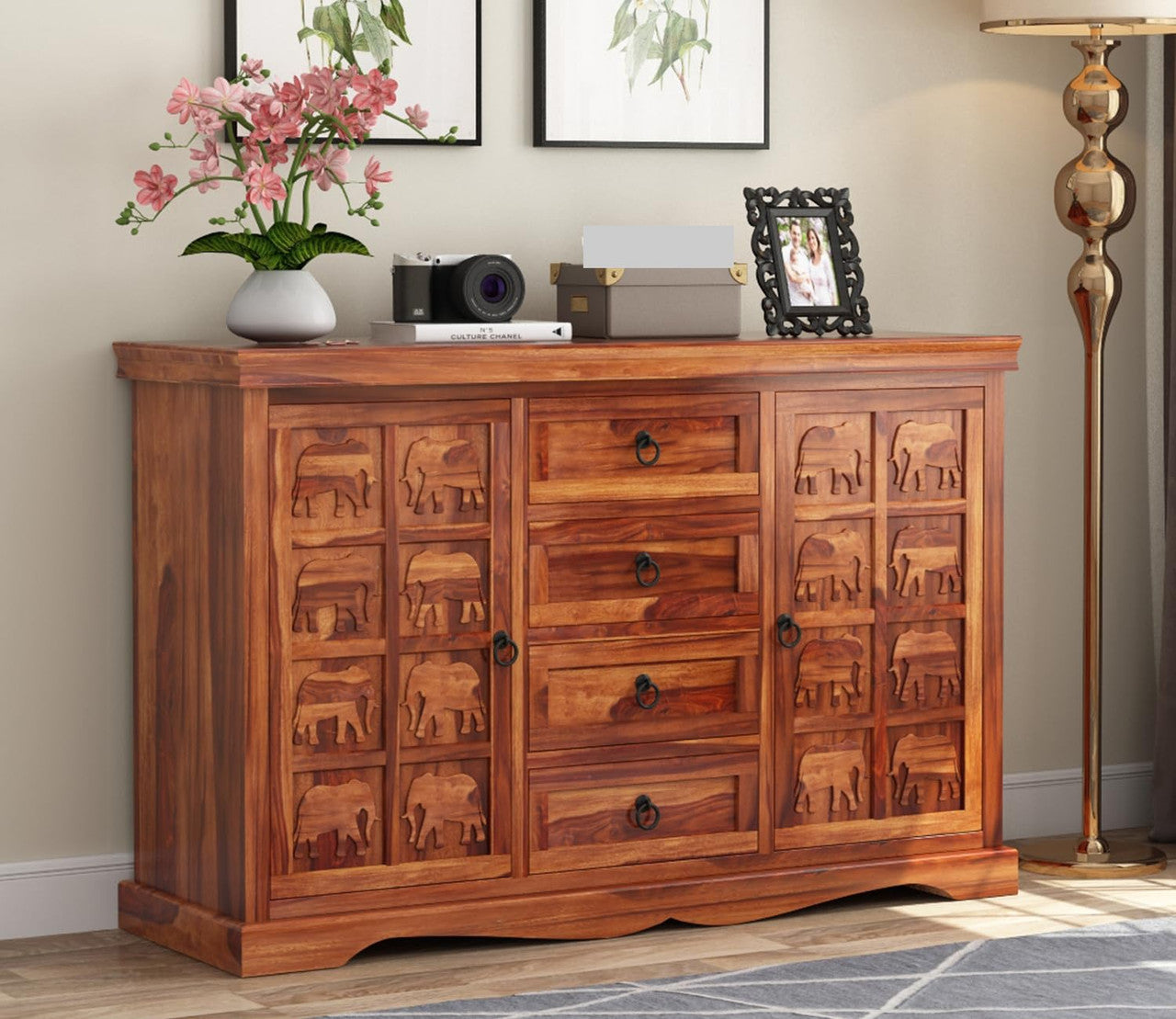 Koveoorn Sheesham Wood Cabinet and Sideboard (Honey Finish)