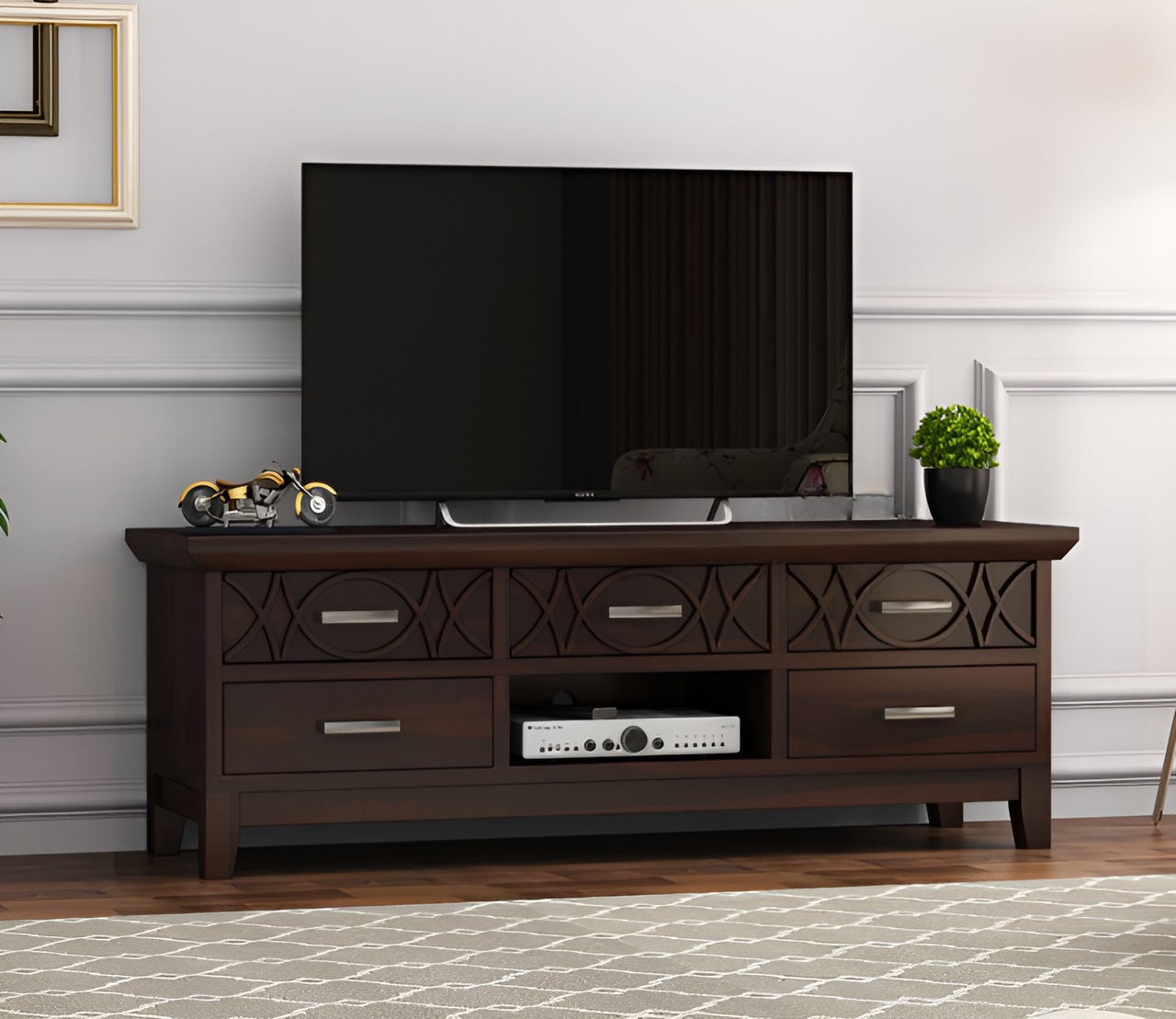 Truphoael Sheesham Wood Tv Unit with Five Pull Out Drawers (Walnut Finish)