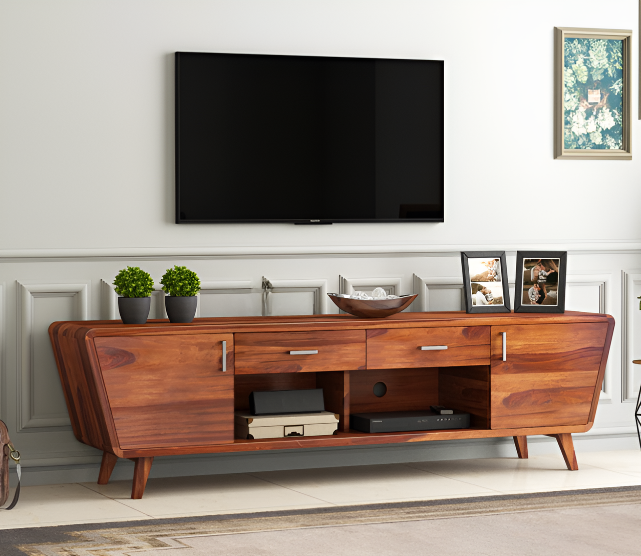 Fivrouor Sheesham Wood Tv Unit with Cupboards Drawers and Shelve Storage (Honey Finish)