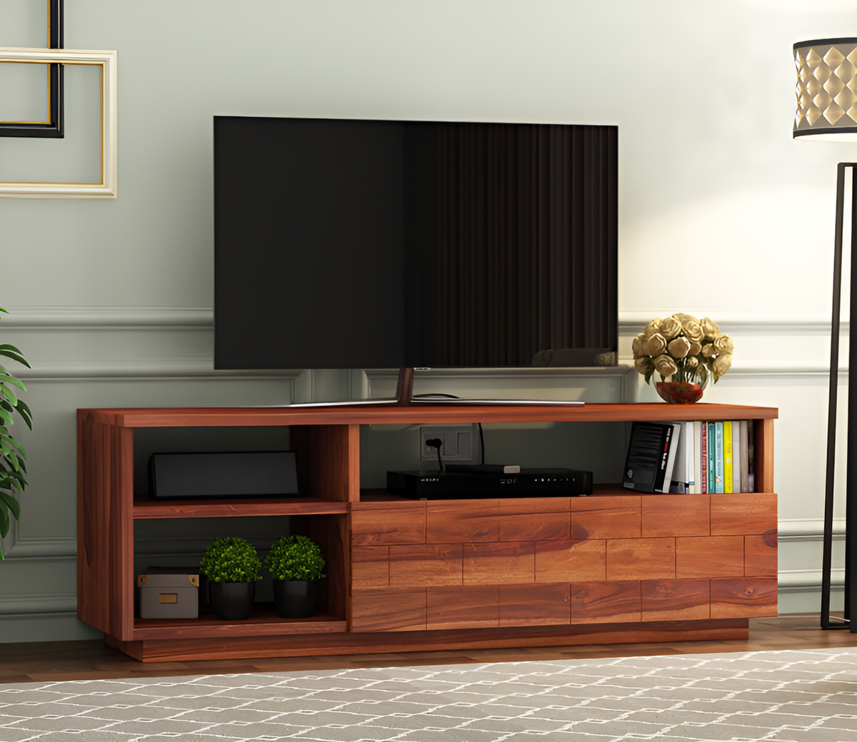 Zalmaiorin Sheesham Wood Tv Unit with Shelf Storage (Honey Finish)
