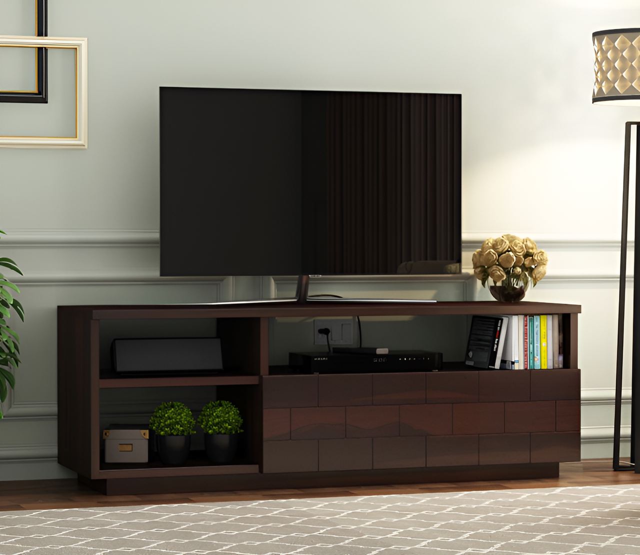 Zalmaiorin Sheesham Wood Tv Unit with Shelf Storage (Walnut Finish)