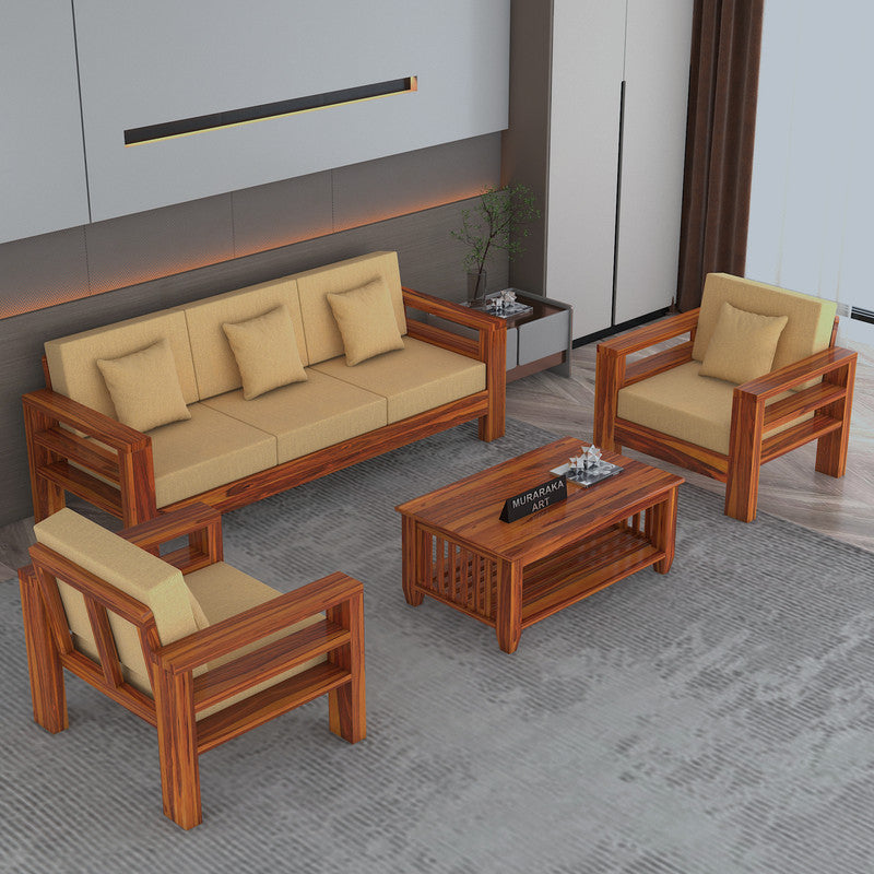 Fenlith 5 Seater Solid Wood Sofa (Honey Finish)