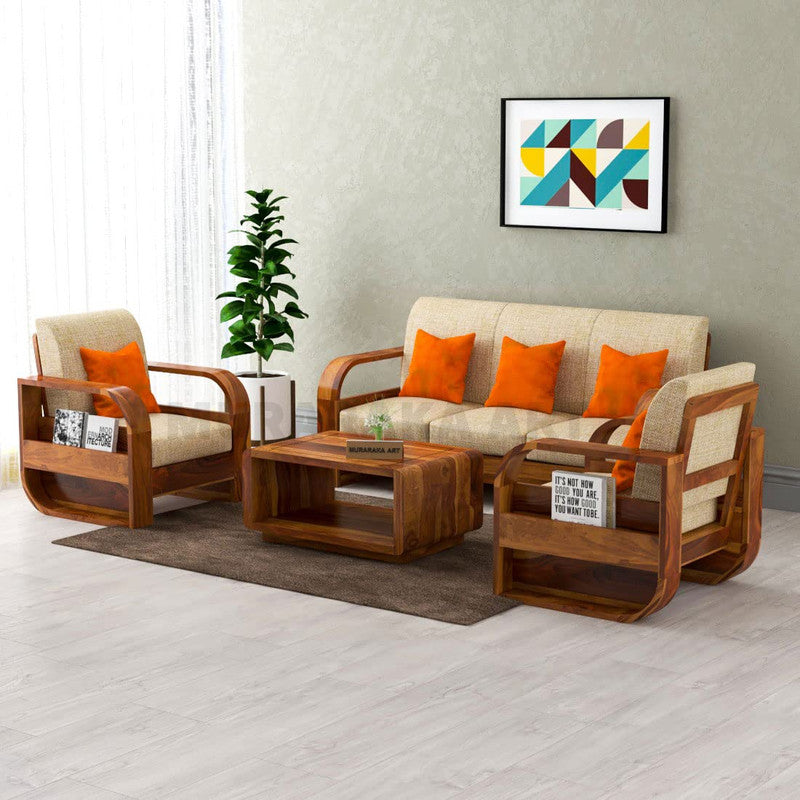 Curve Large 5 Seater Solid Wood Sofa (Honey Finish)