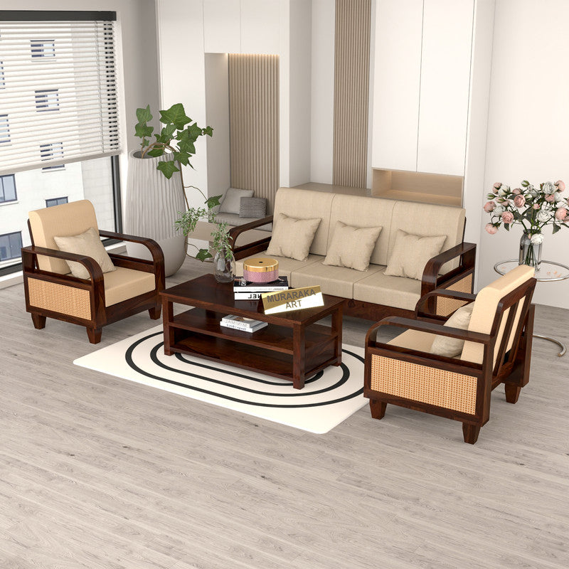 Curve Cane 5 Seater Solid Wood Sofa (Walnut Finish)