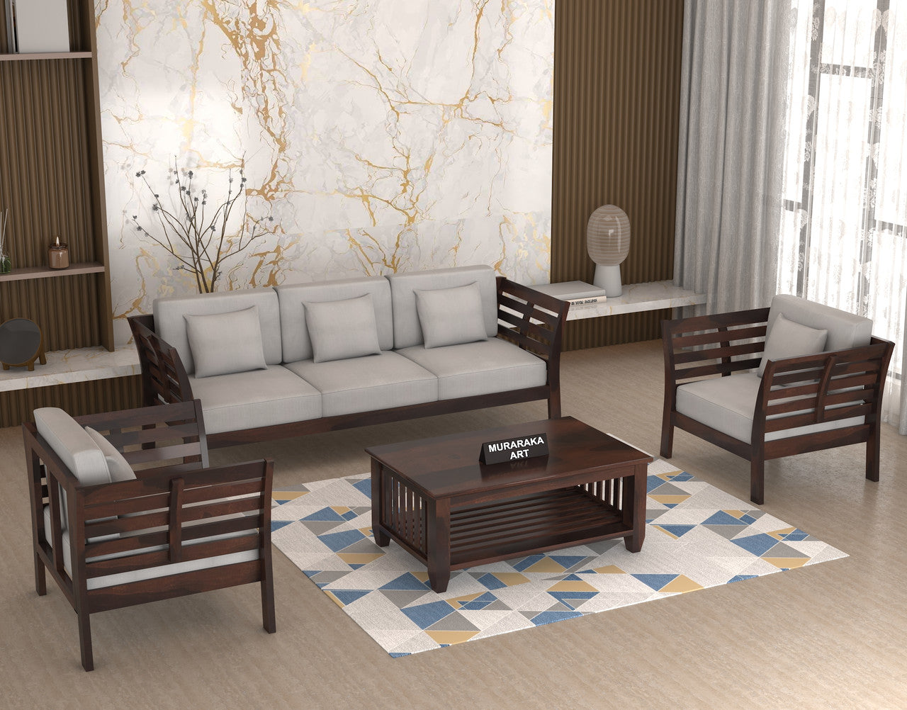 Slant 5 Seater Solid Wood Sofa (Walnut Finish)