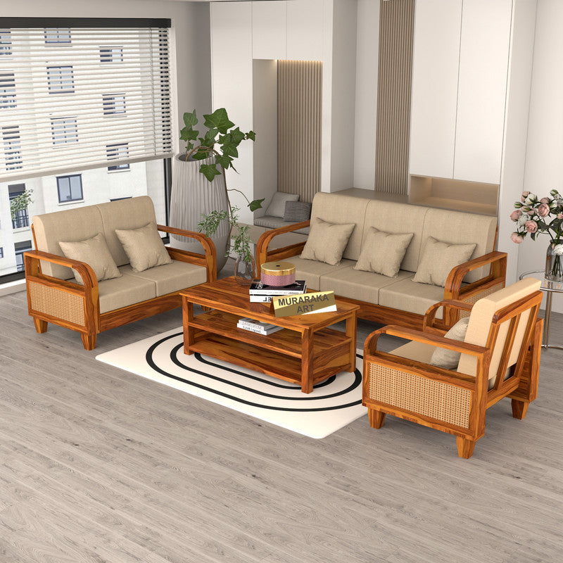 Curve Cane 6 Seater Solid Wood Sofa (Honey Finish)