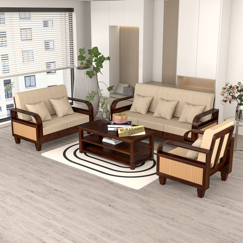 Curve Cane 6 Seater Solid Wood Sofa (Walnut Finish)
