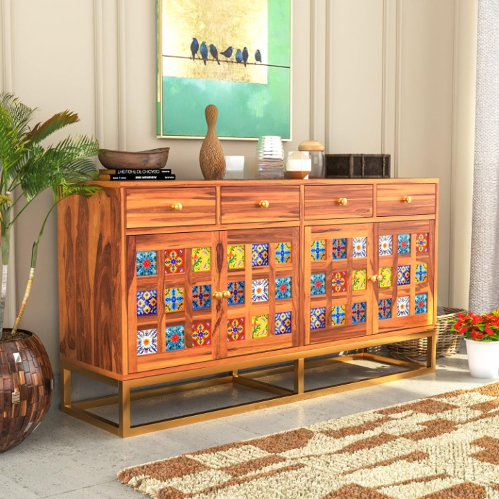 Yiodueion Sheesham Wood Cabinet and Sideboard (Honey Finish)