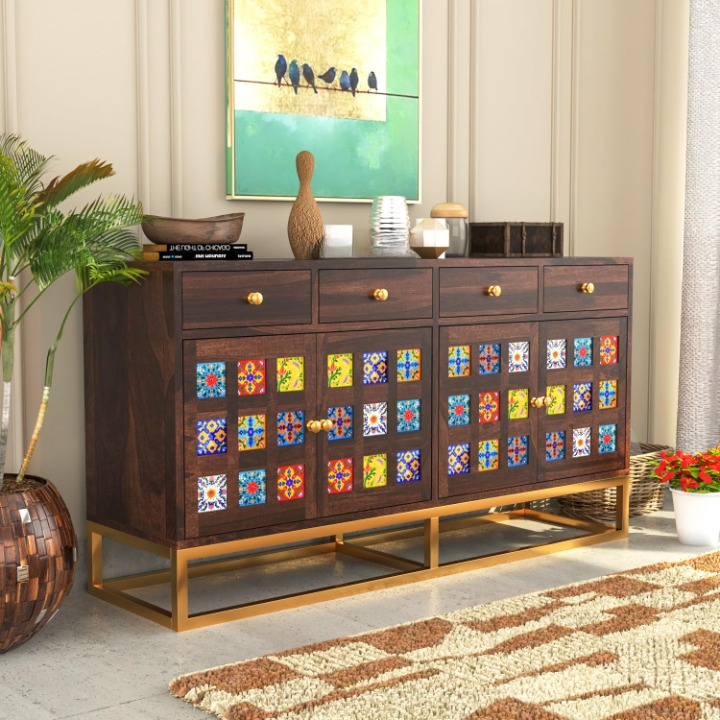 Yiodueion Sheesham Wood Cabinet and Sideboard (Walnut Finish)
