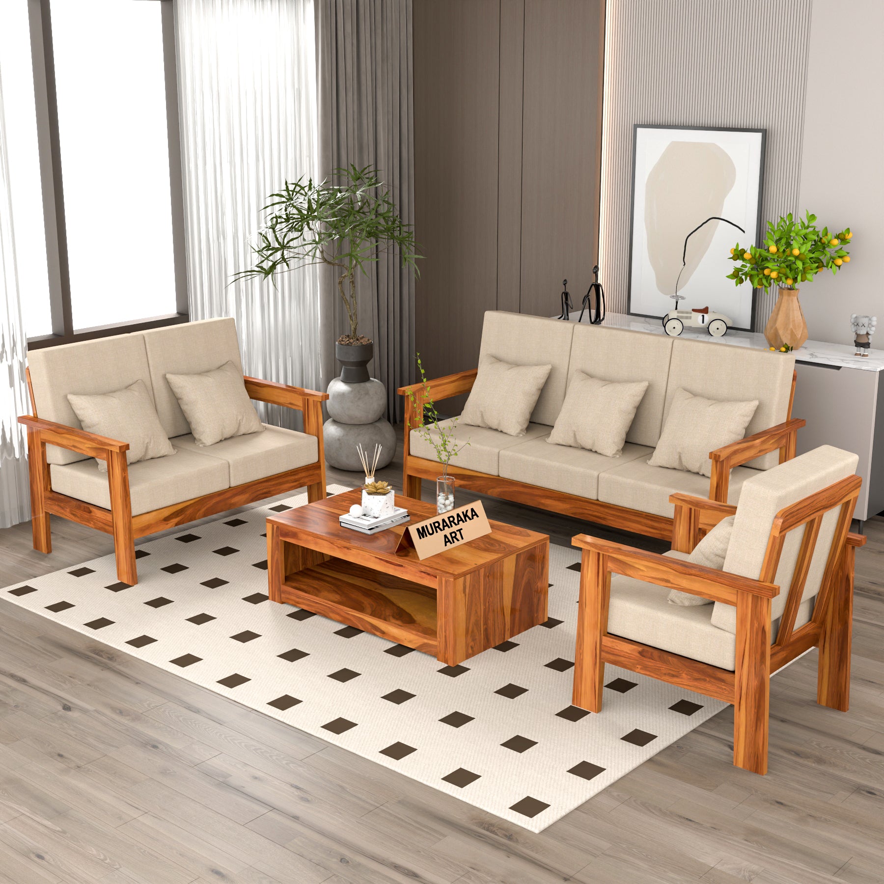 Slinny 6 Seater Solid Wood Sofa (Honey Finish)