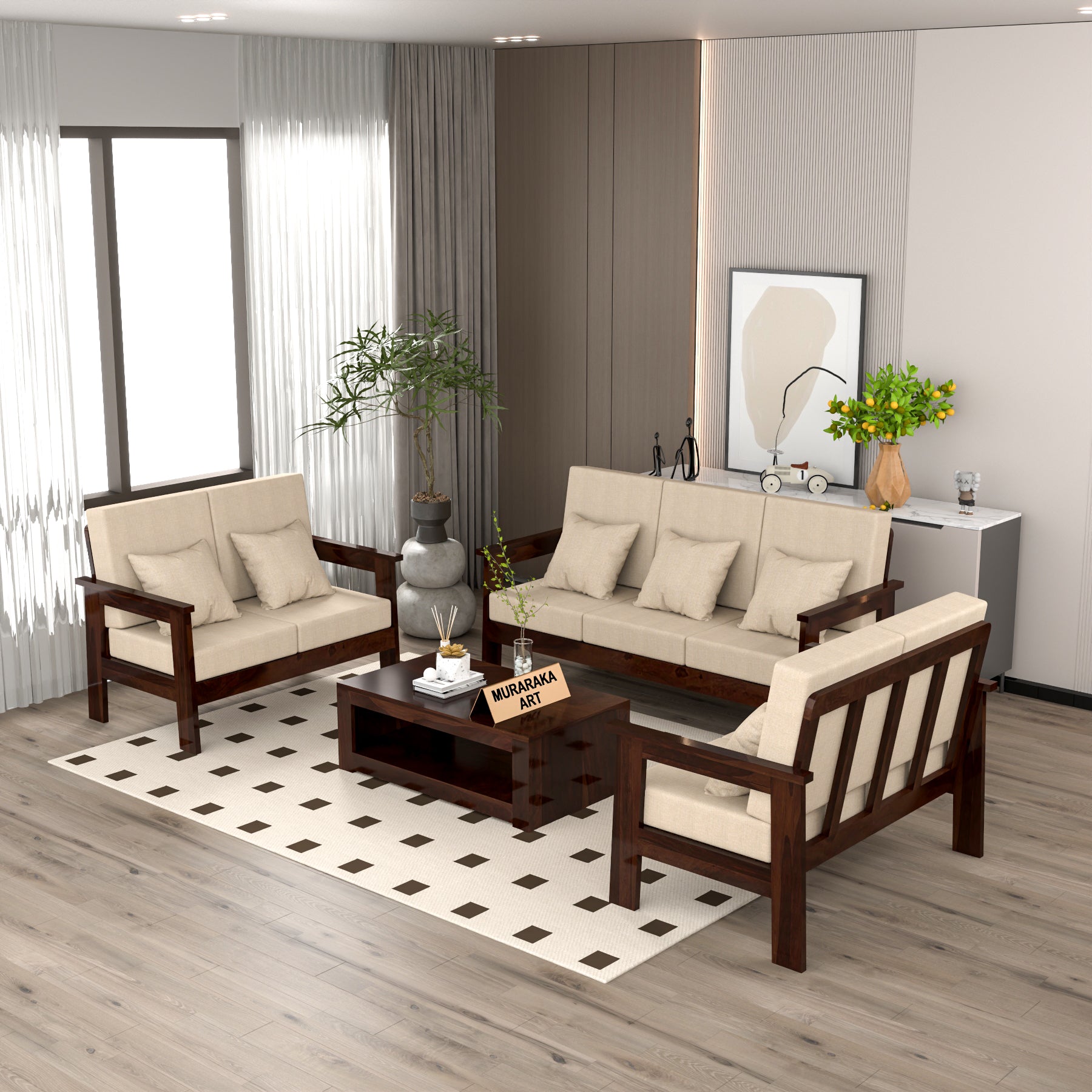 Slinny 7 Seater Solid Wood Sofa (Walnut Finish)